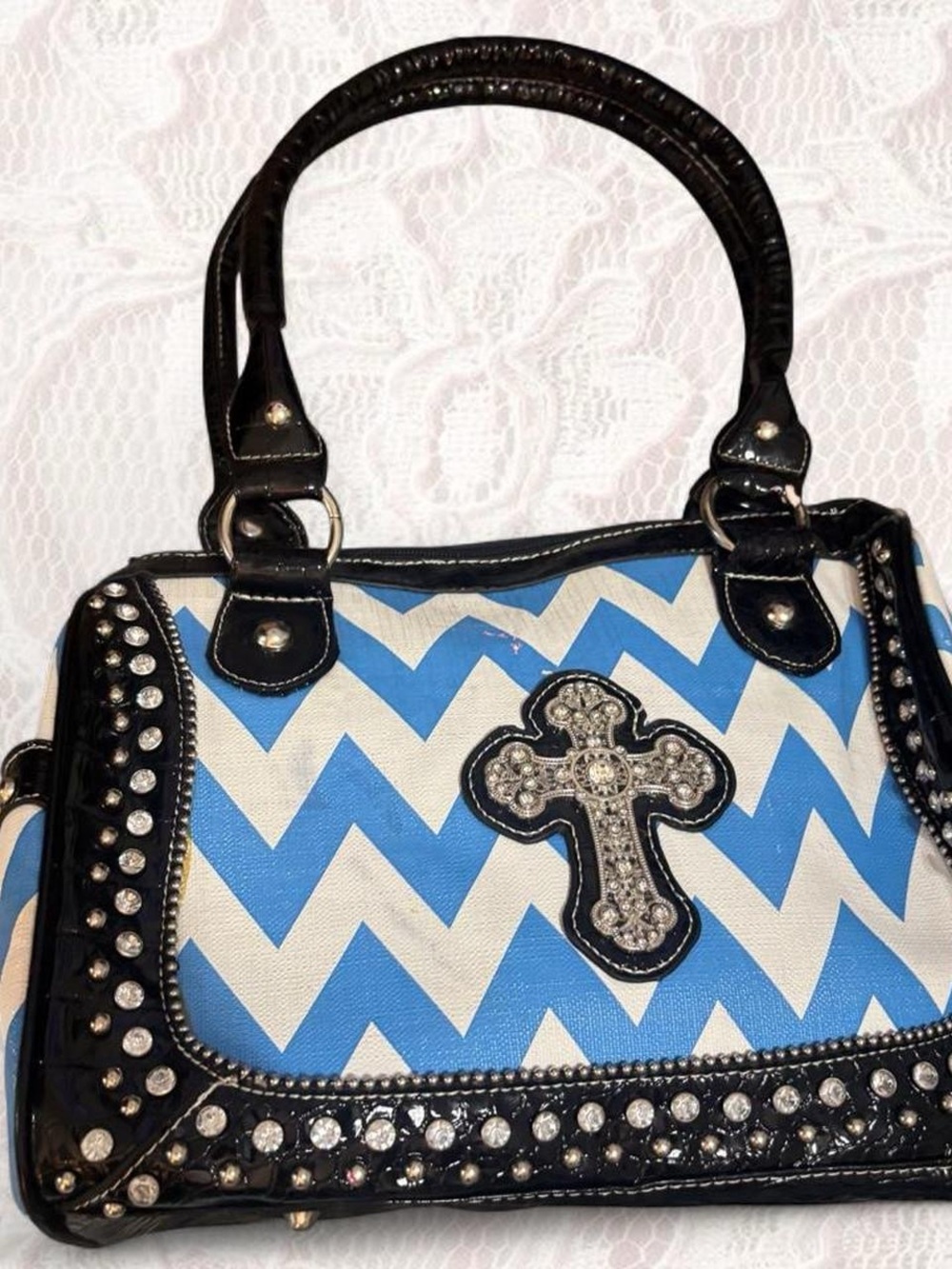 Studded Chevron Cross Accent Satchel - Blue & White